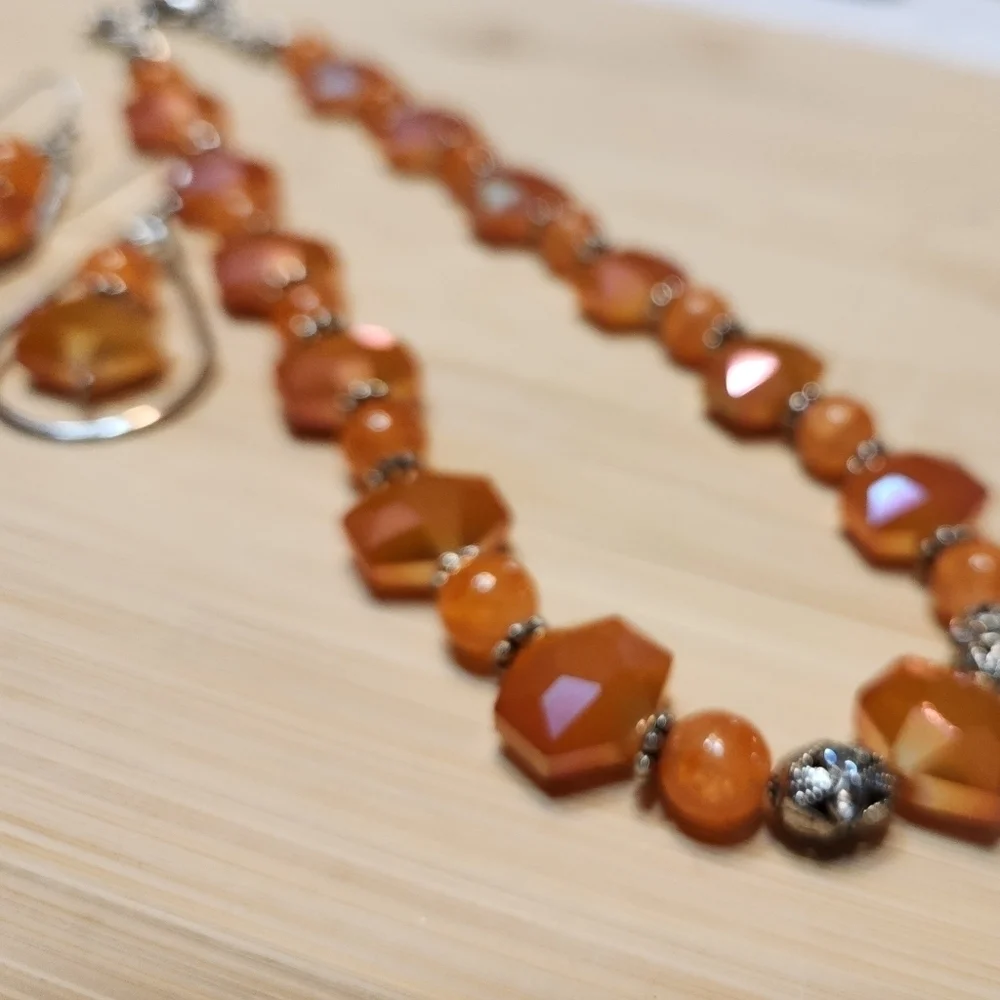 Hand Crafted Necklace and Pierced Orange Beaded Earrings Silver Accents